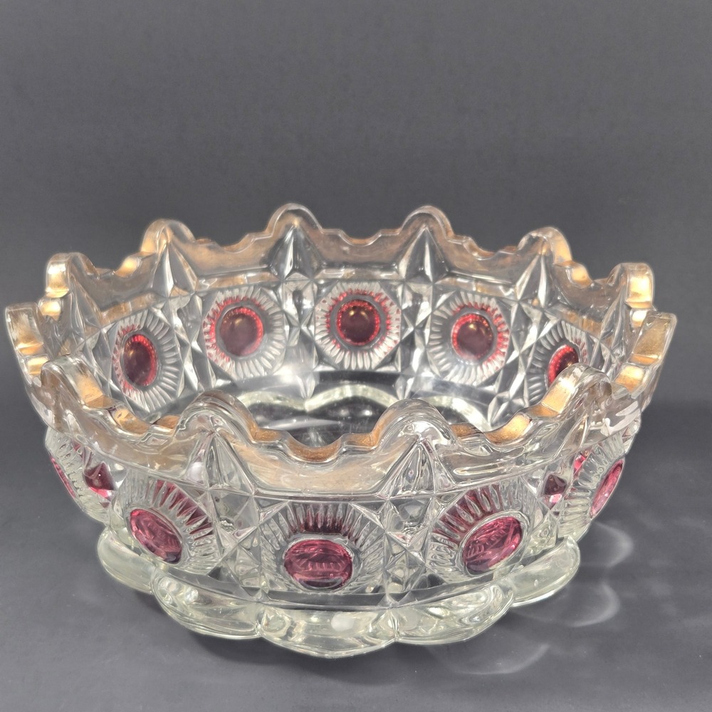 Vintage Kings Crown Ruby Red Thumbprint Glass Bowl Gold Rim Scalloped 8 Inch